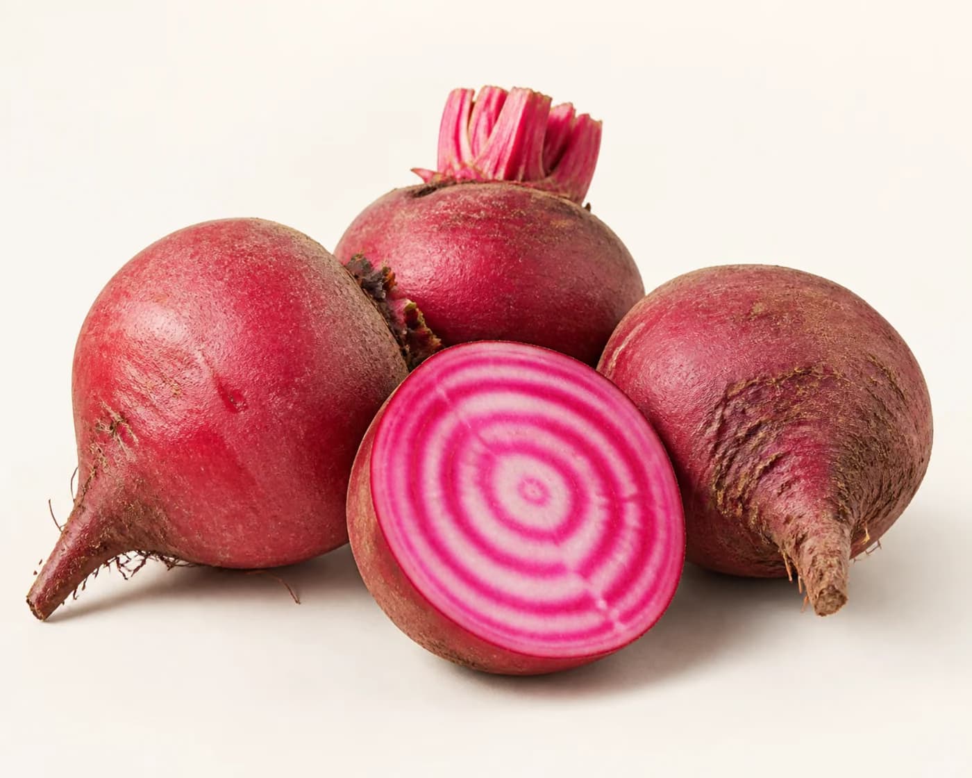 Fresh Chioggia Beetroot arranged on a warm off-white surface.