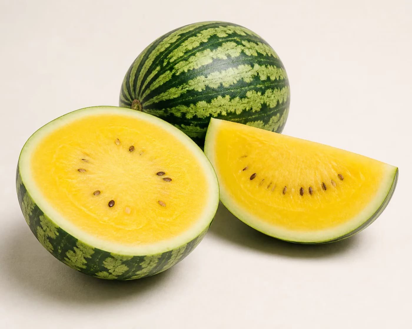 Fresh Yellow Flesh Watermelon arranged on a warm off-white surface.