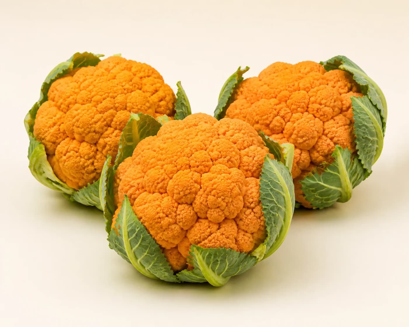 Fresh Orange Cauliflower arranged on a warm off-white surface.