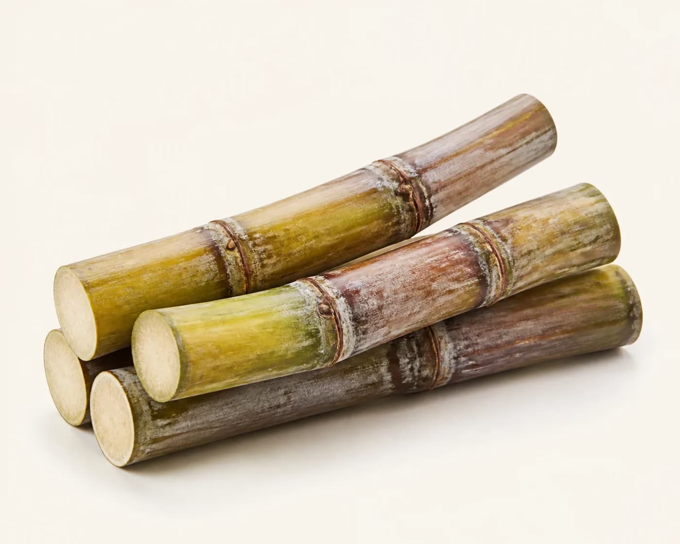 Fresh Sugarcane Sticks arranged on a warm off-white surface.
