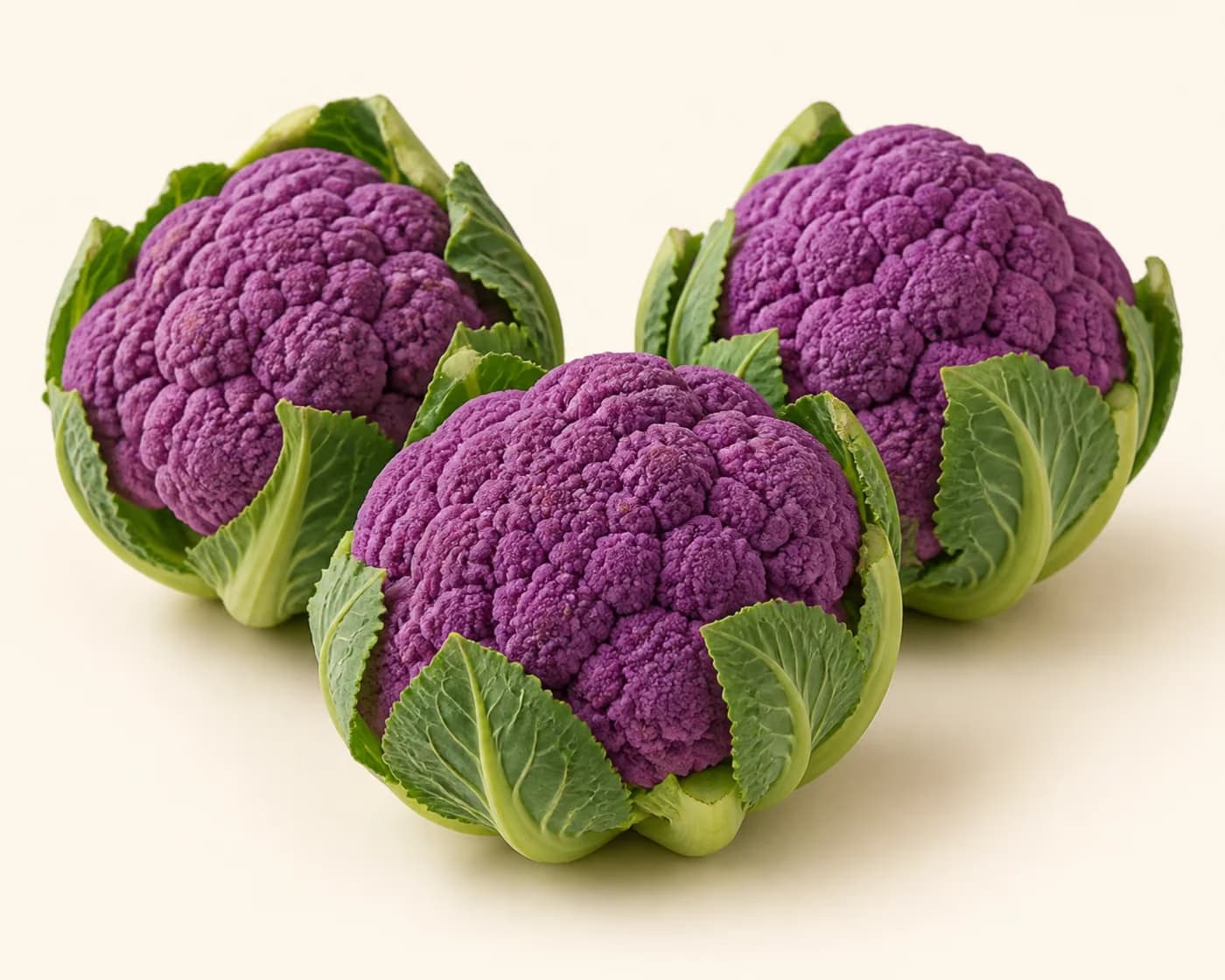 Fresh Purple Cauliflower arranged on a warm off-white surface.
